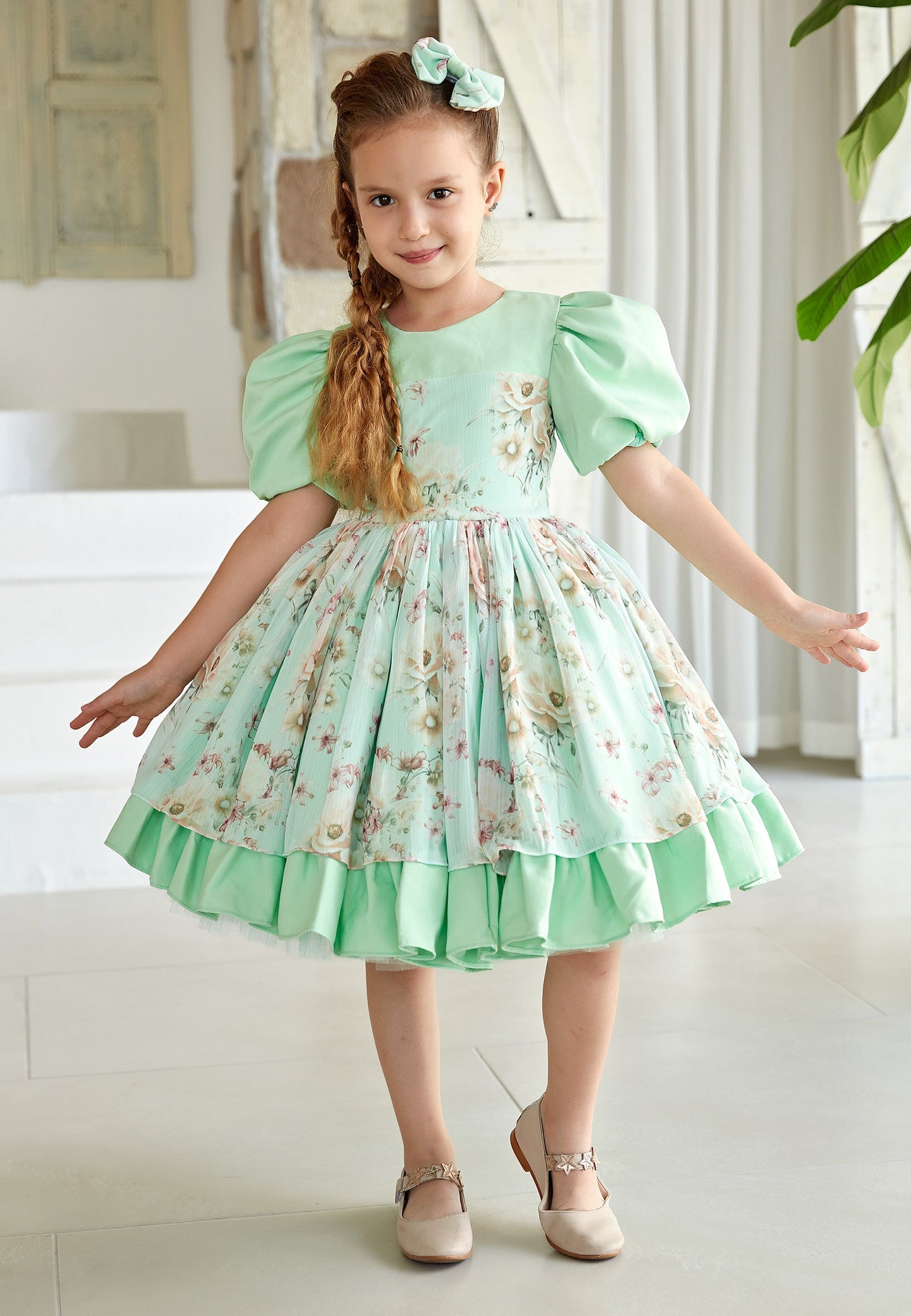 Baby Girl Short Sleeve Viscose Floral Column 4 - 11 Ages Special Occasion Dress Green - Unit Price: 36$