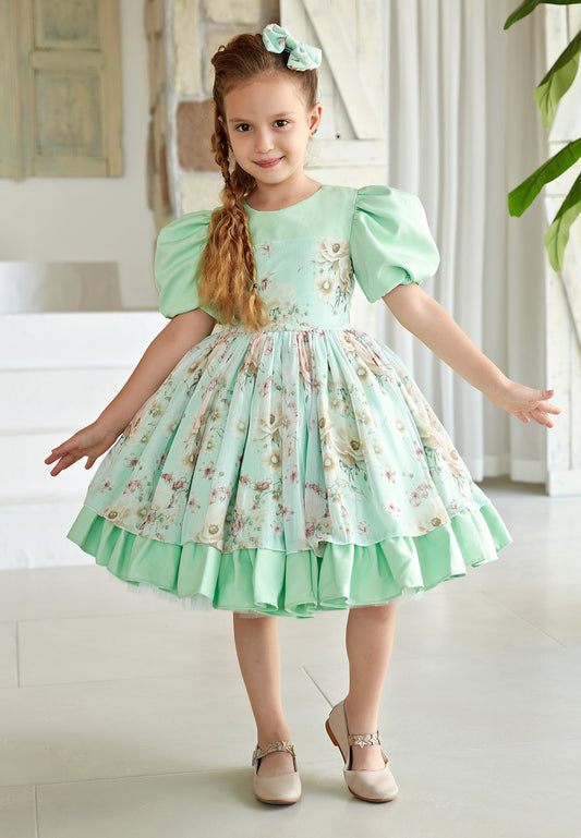 Baby Girl Short Sleeve Viscose Floral Column 4 - 11 Ages Special Occasion Dress Green - Unit Price: 36$