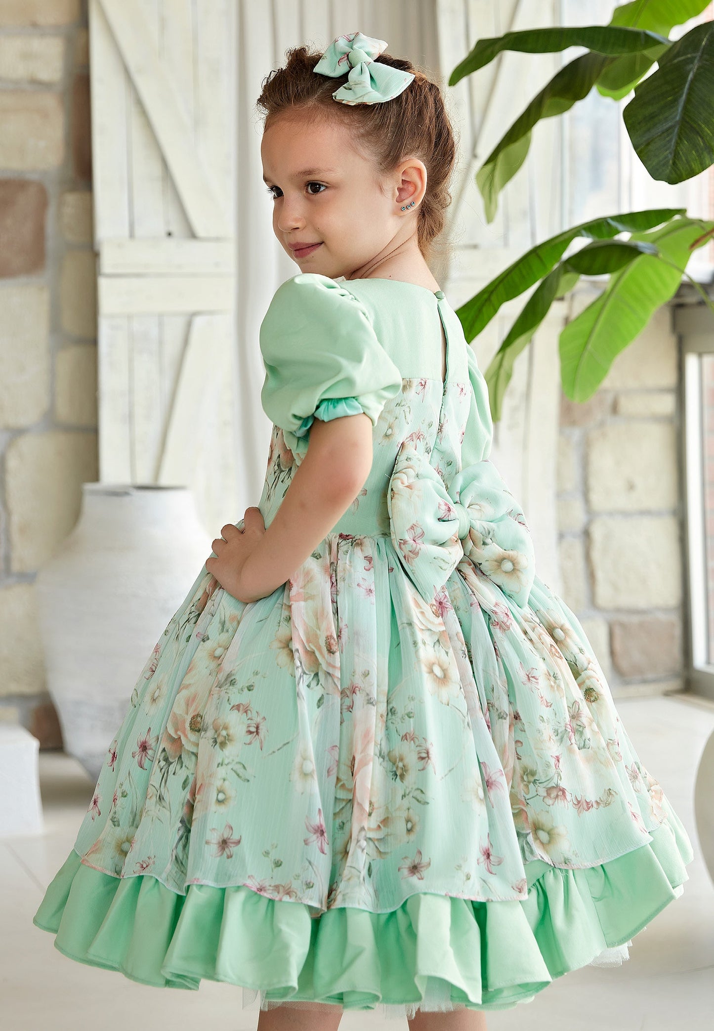 Baby Girl Short Sleeve Viscose Floral Column 4 - 11 Ages Special Occasion Dress Green - Unit Price: 36$