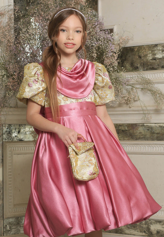 Baby Girl Short Sleeve Velours Patterned A - Line 4 - 8 Ages Special Occasion Dress Lilac-Gold - Unit Price: 49$