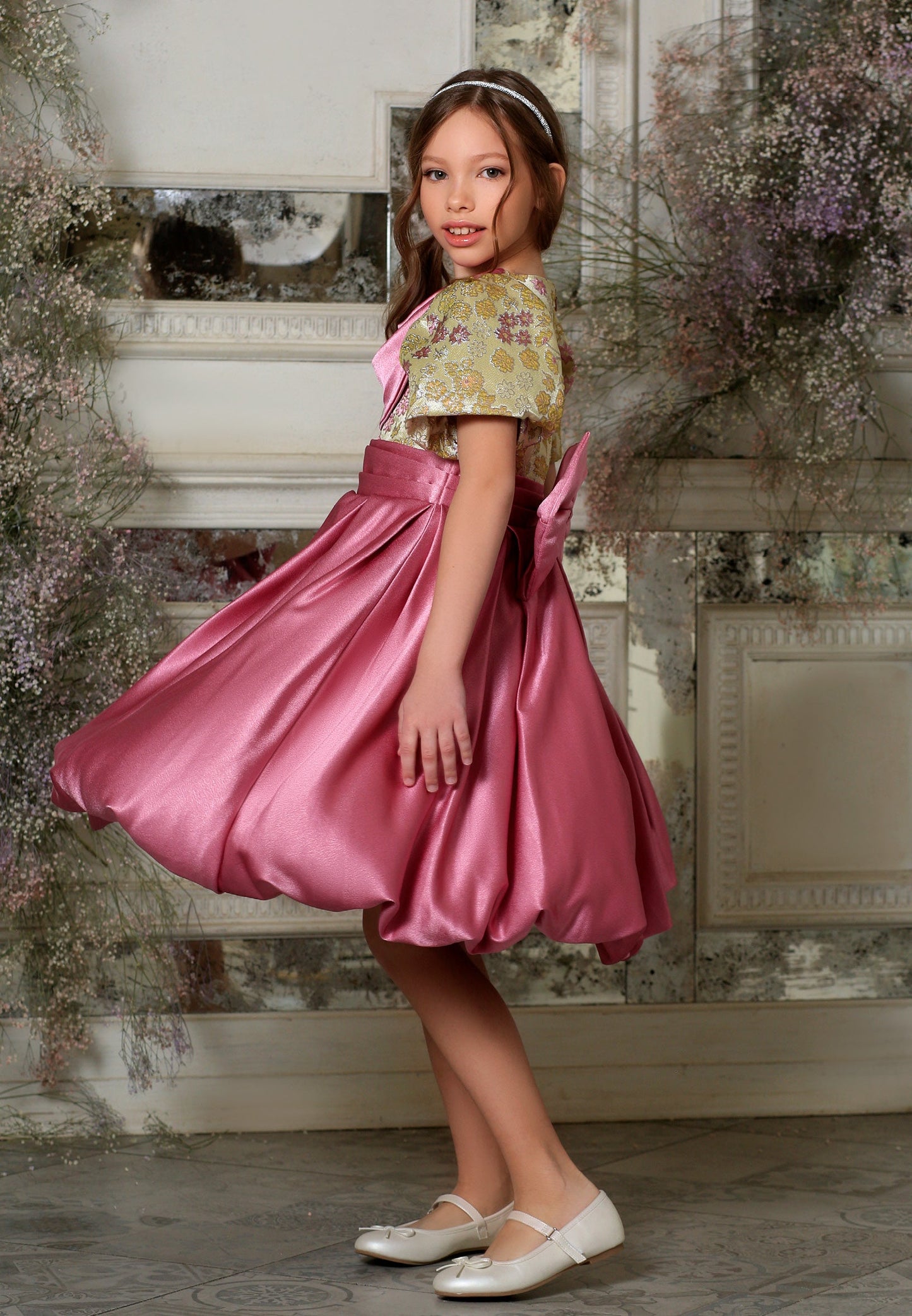 Baby Girl Short Sleeve Velours Patterned A - Line 4 - 8 Ages Special Occasion Dress Lilac-Gold - Unit Price: 49$