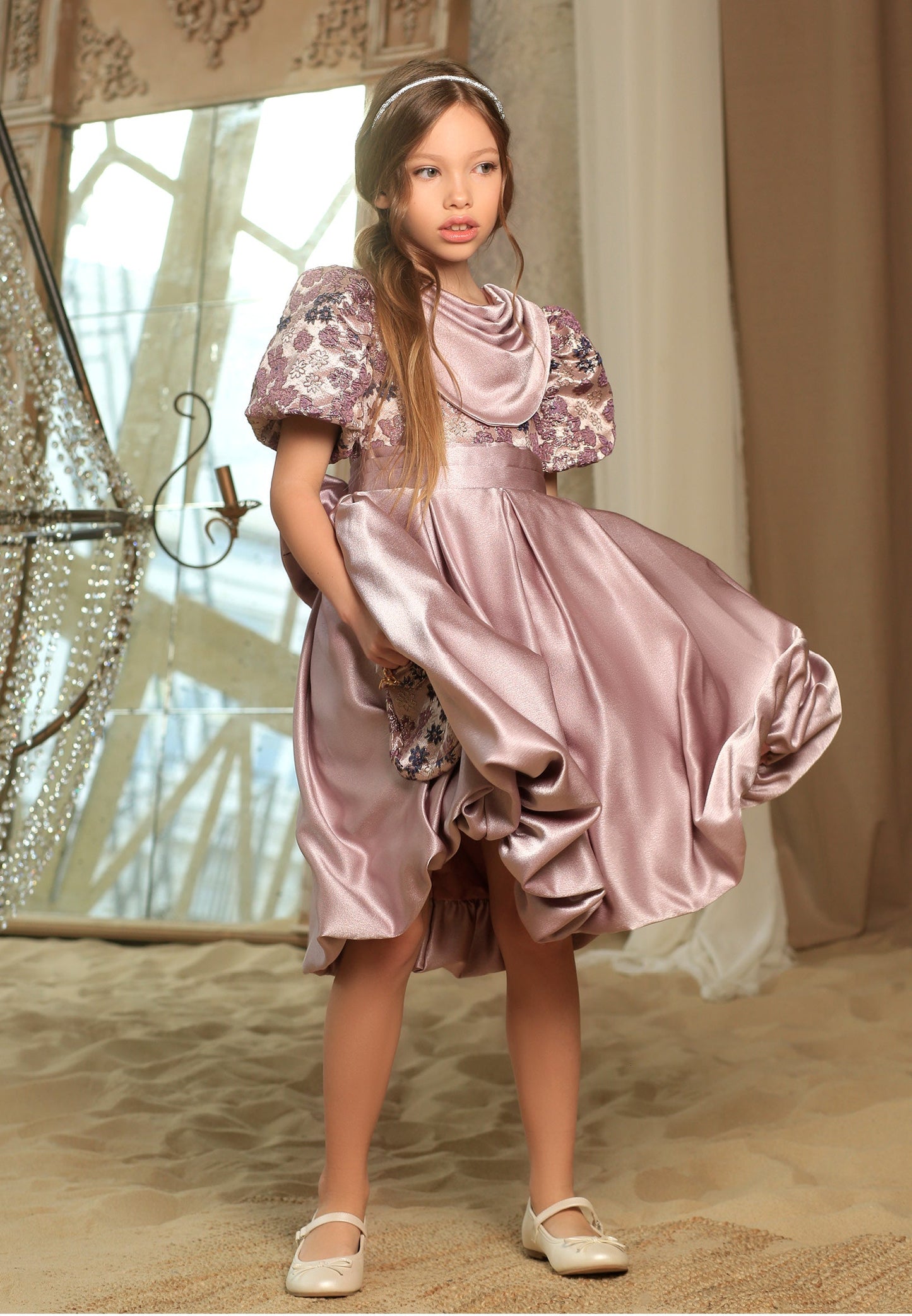 Baby Girl Short Sleeve Velours Patterned A - Line 4 - 8 Ages Special Occasion Dress Purple - Unit Price: 49$