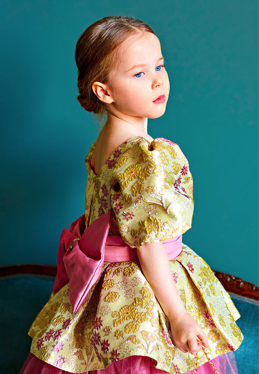 Baby Girl Short Sleeve Tulle Floral A - Line 4 - 8 Ages Special Occasion Dress Yellow-Purple - Unit Price: 43$