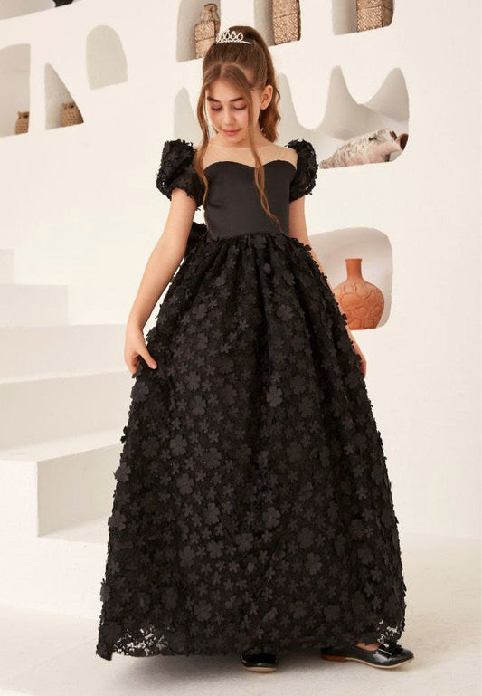 Girl Short Sleeve Lace Floral Column 5 - 11 Ages Special Occasion Dress Black - Unit Price: 72$