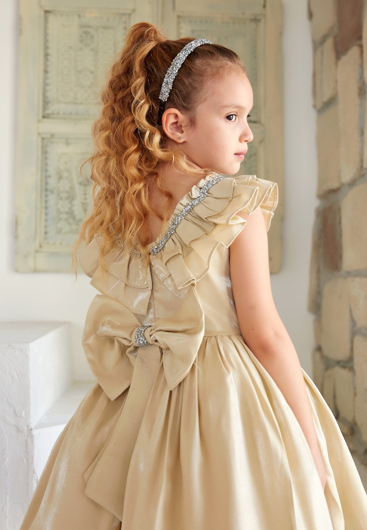 Baby Girl Sleeveless Poplin Solid Color A - Line 4 - 11 Ages Special Occasion Dress Beige - Unit Price: 34$