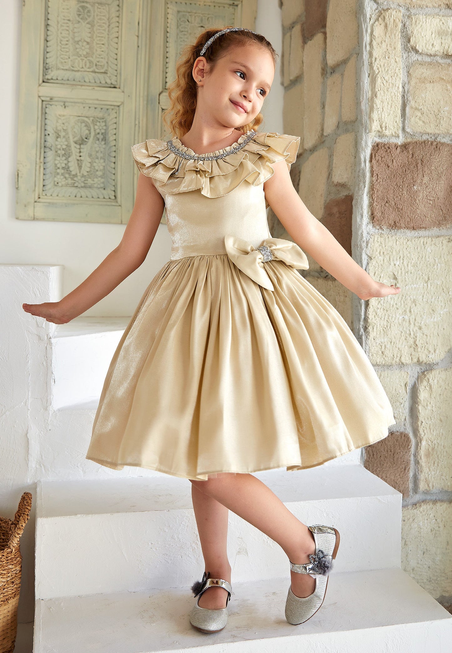 Baby Girl Sleeveless Poplin Solid Color A - Line 4 - 11 Ages Special Occasion Dress Beige - Unit Price: 34$