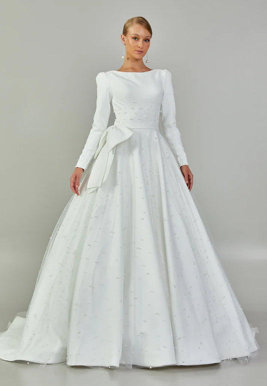 Long Sleeve Maxi Tulle Regular Wedding Dress Ecru - Unit Price: 617$