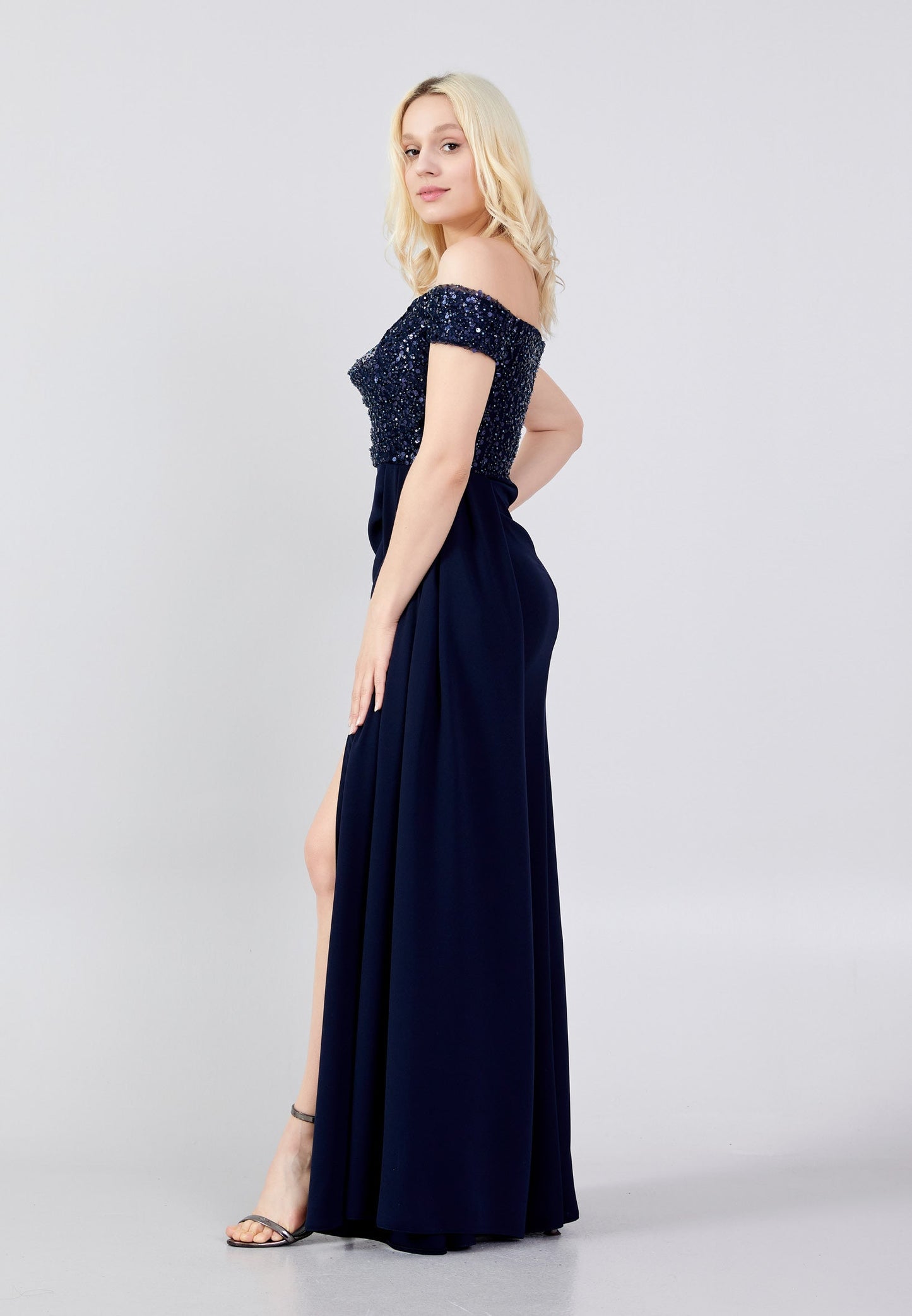 Off Shoulder Maxi Crepe Mermaid Regular Wedding Guest Dress Navy - Unit Price: 88$