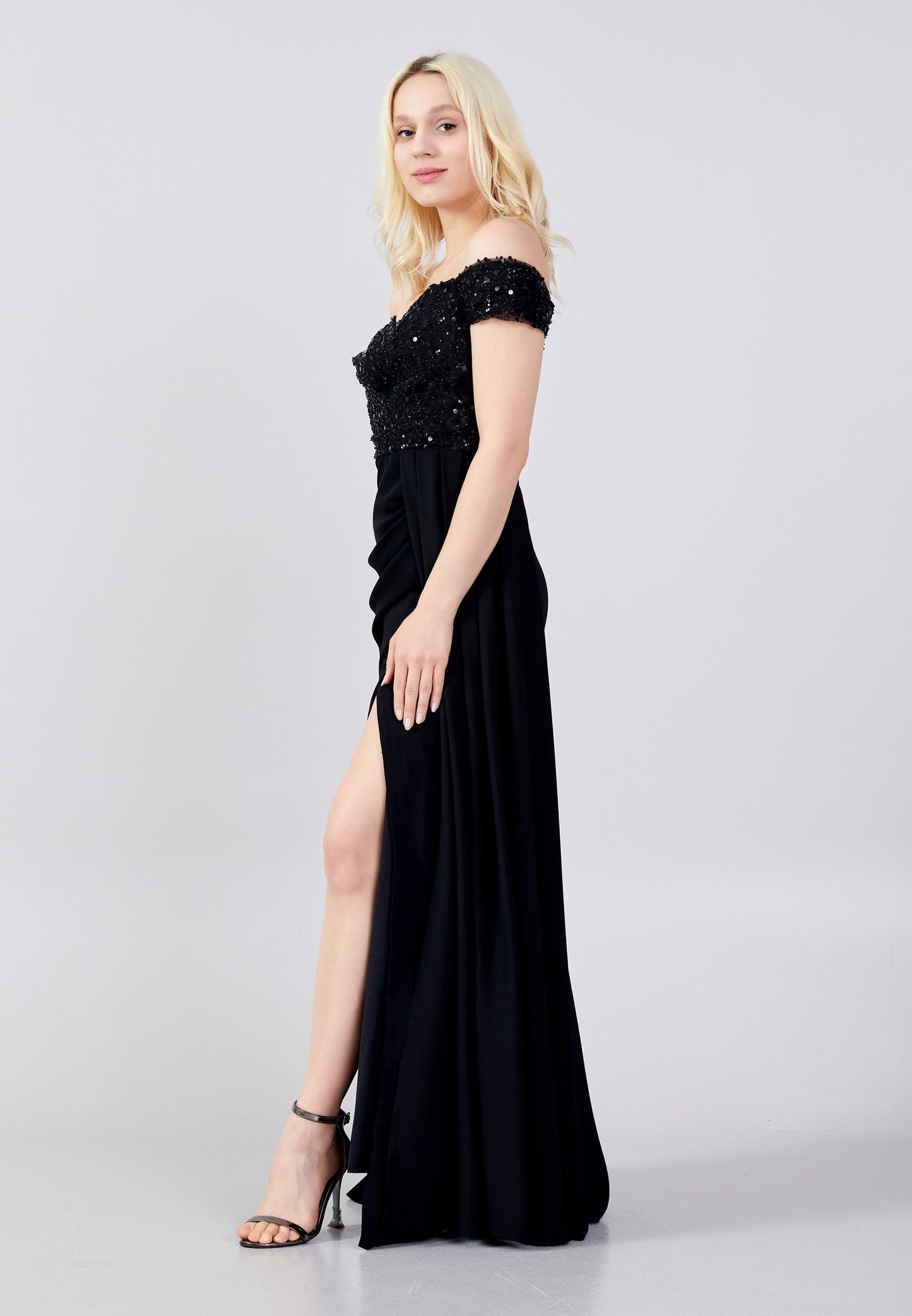 Off Shoulder Maxi Crepe Mermaid Regular Wedding Guest Dress Black - Unit Price: 88$