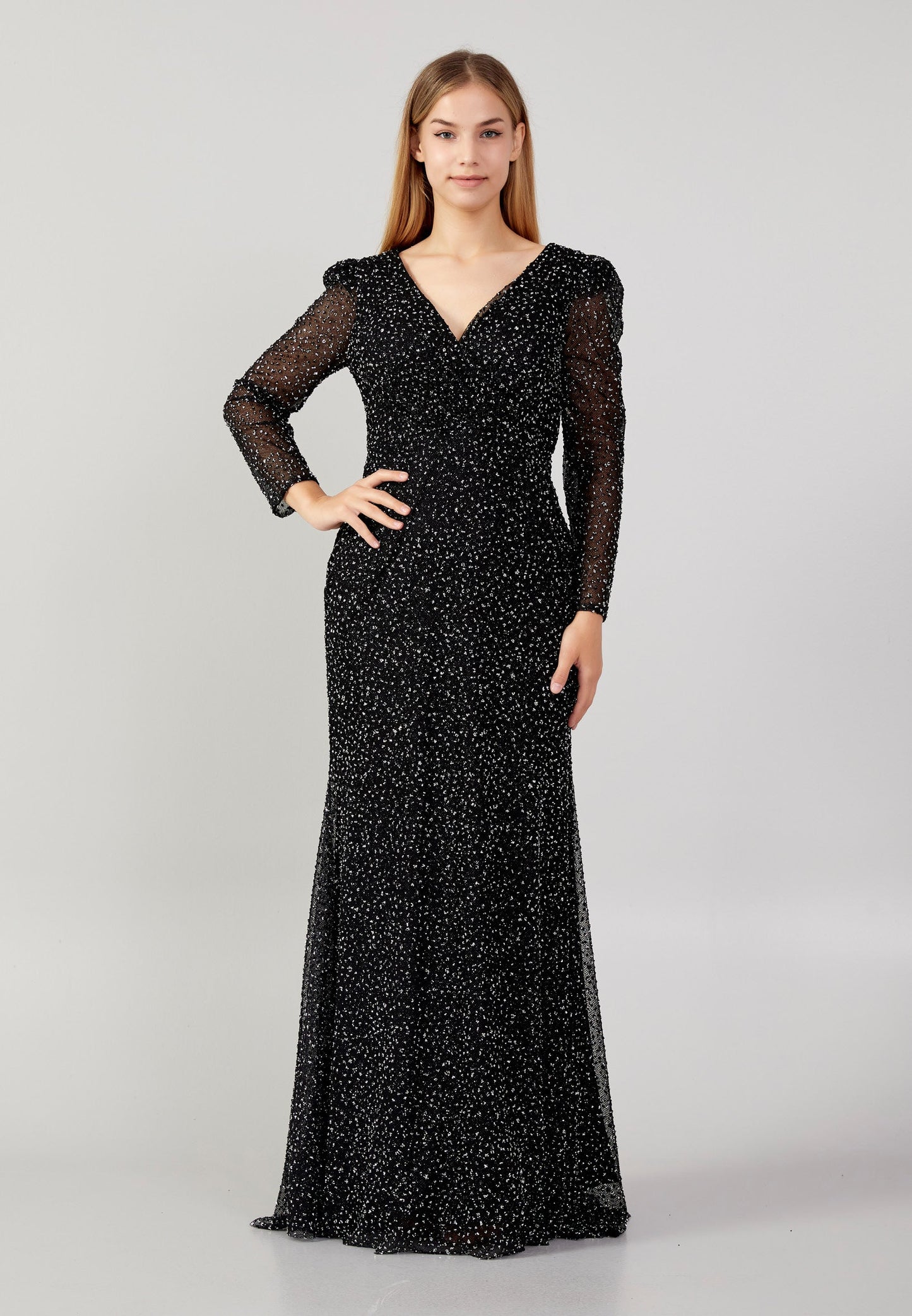 Long Sleeve Maxi Sequin Mermaid Plus Size Evening Dress Black - Unit Price: 68$