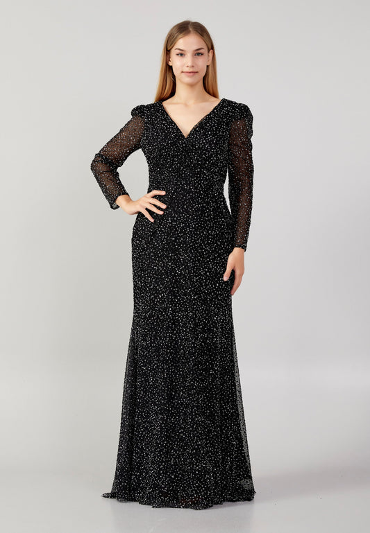 Long Sleeve Maxi Sequin Mermaid Plus Size Evening Dress Black - Unit Price: 68$