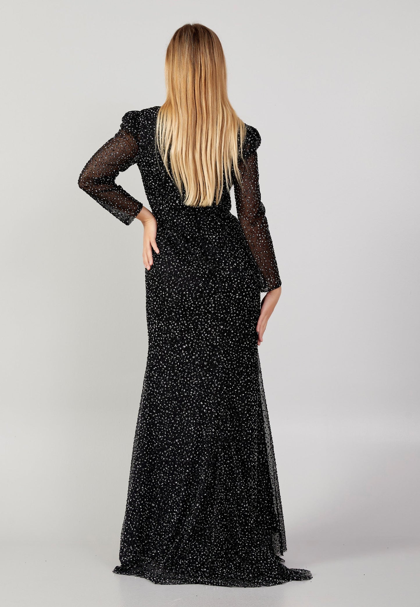 Long Sleeve Maxi Sequin Mermaid Plus Size Evening Dress Black - Unit Price: 68$