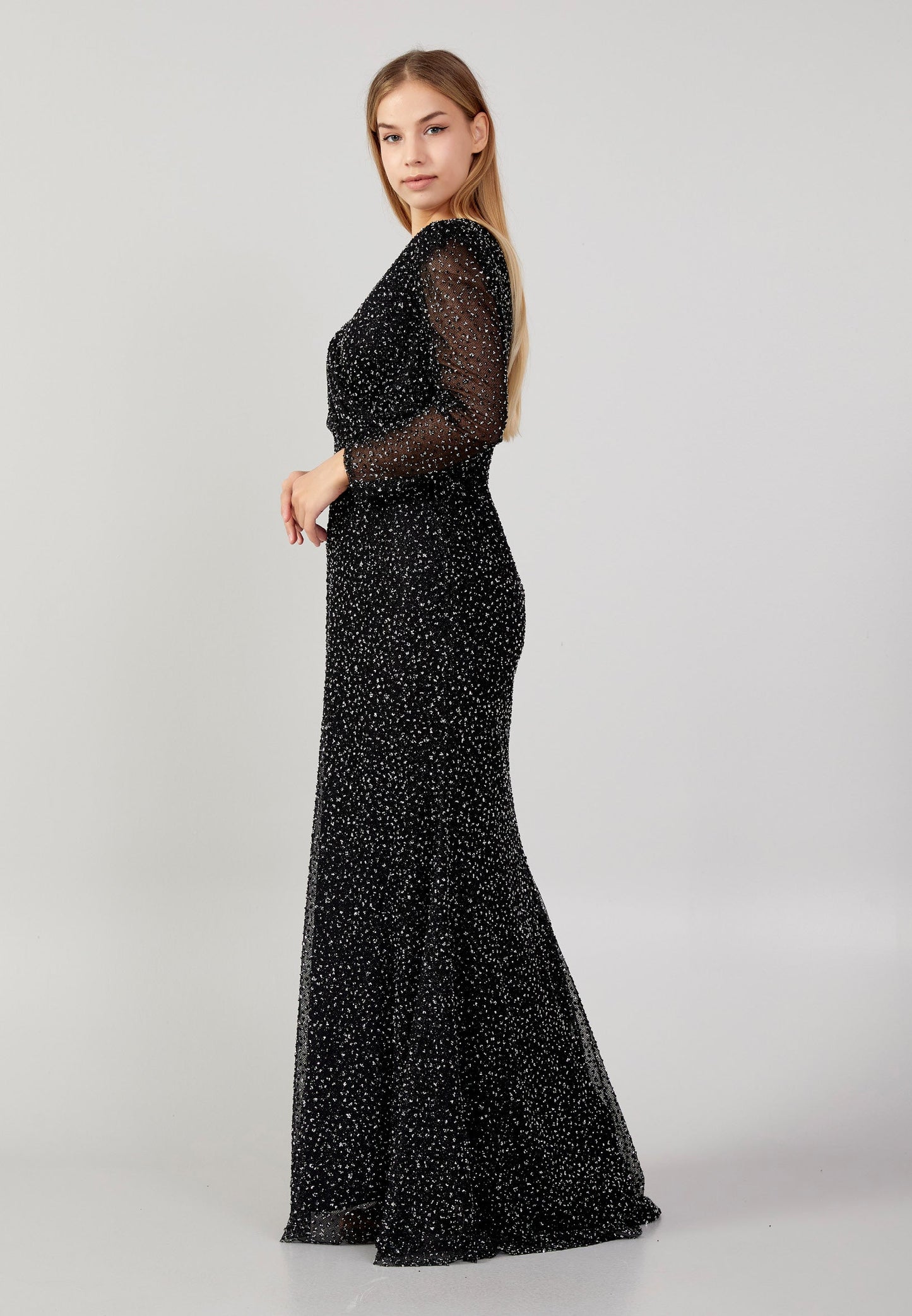 Long Sleeve Maxi Sequin Mermaid Plus Size Evening Dress Black - Unit Price: 68$