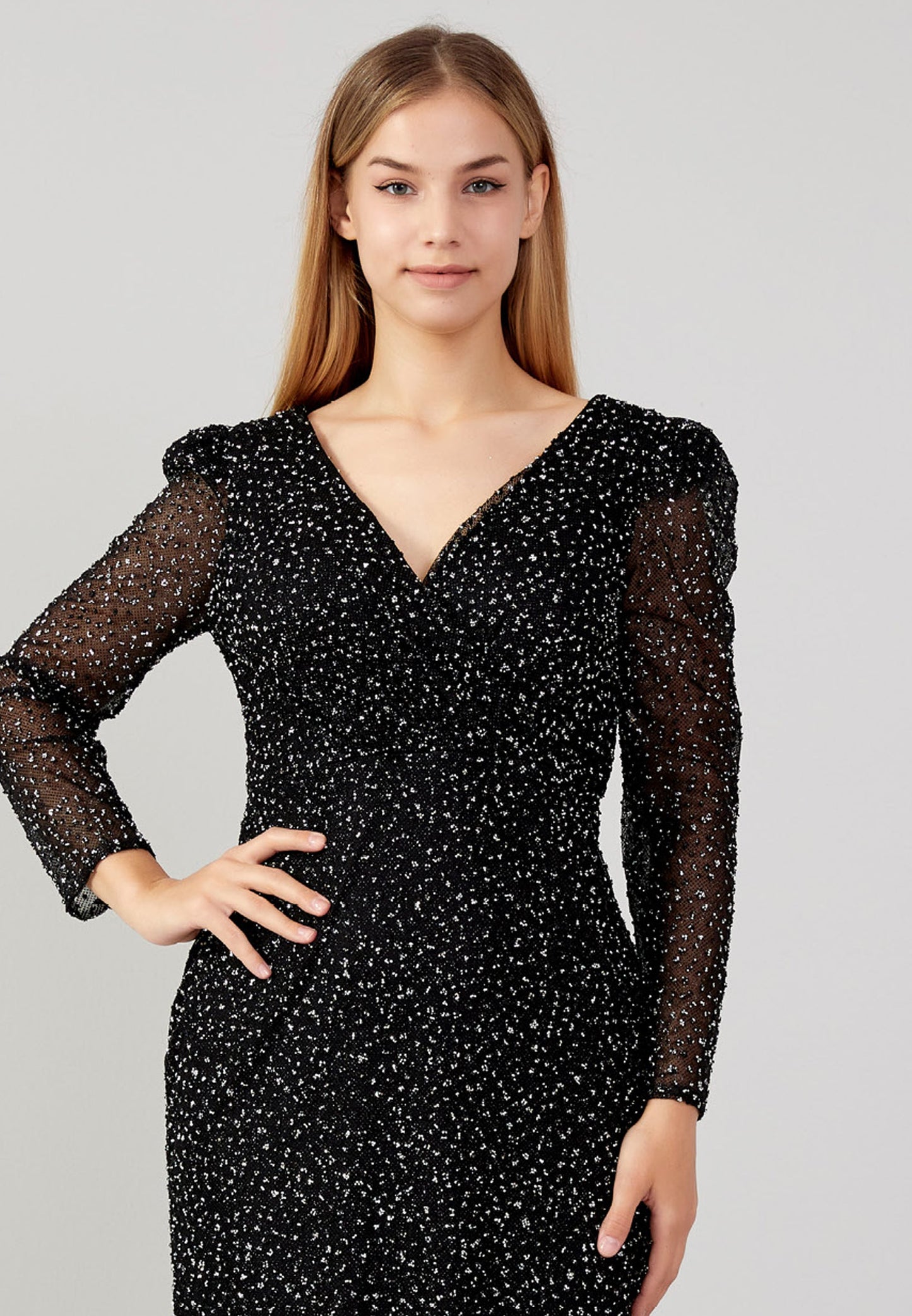 Long Sleeve Maxi Sequin Mermaid Plus Size Evening Dress Black - Unit Price: 68$