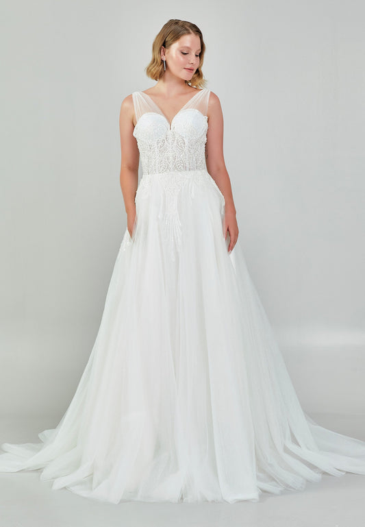 Off Shoulder Maxi Tulle Regular Wedding Dress Ecru - Unit Price: 190$