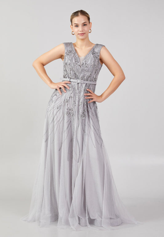 Sleeveless Maxi Tulle Column Plus Size Wedding Guest Dress Grey - Unit Price: 58$