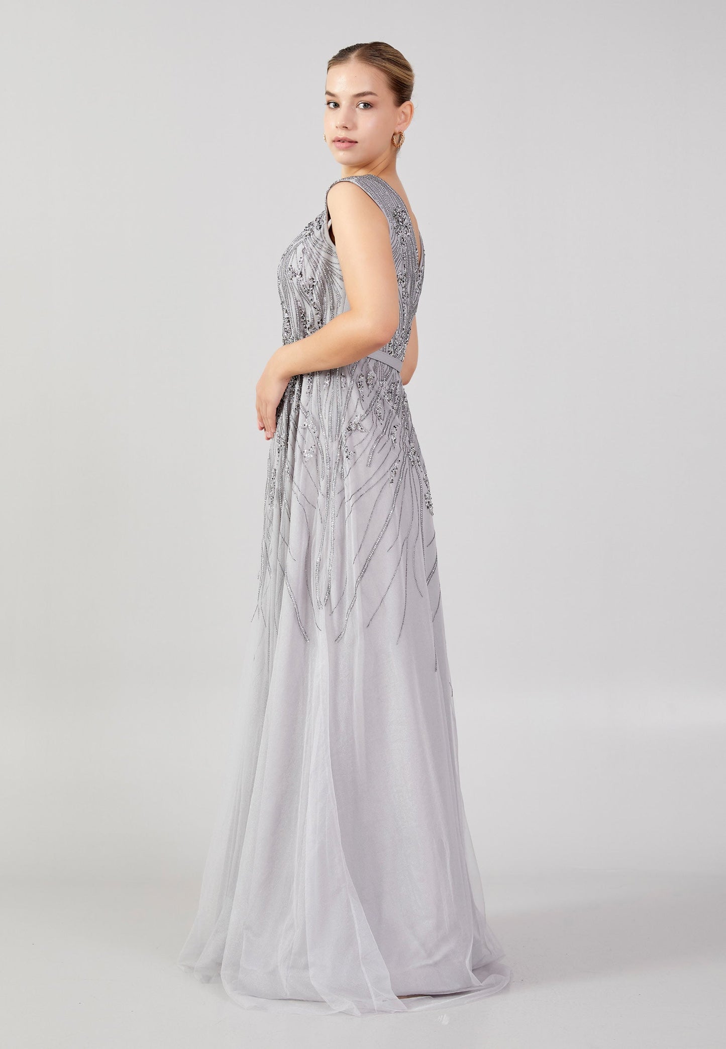 Sleeveless Maxi Tulle Column Plus Size Wedding Guest Dress Grey - Unit Price: 58$