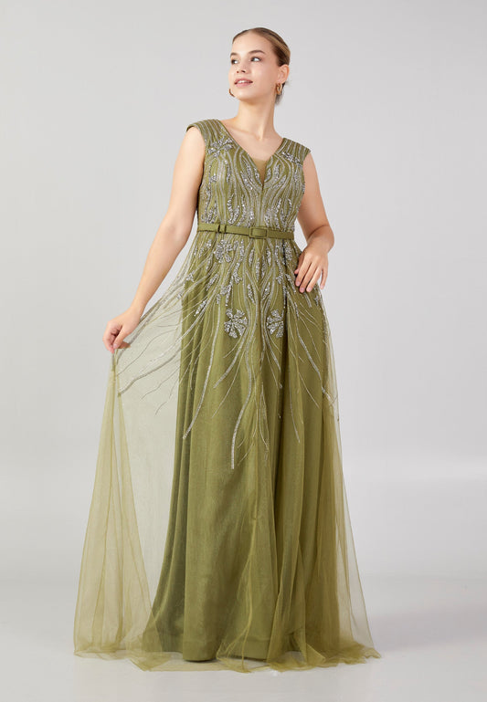 Sleeveless Maxi Tulle Column Plus Size Wedding Guest Dress Green - Unit Price: 58$