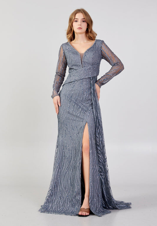 Long Sleeve Maxi Tulle Mermaid Regular Wedding Guest Dress Grey - Unit Price: 60$