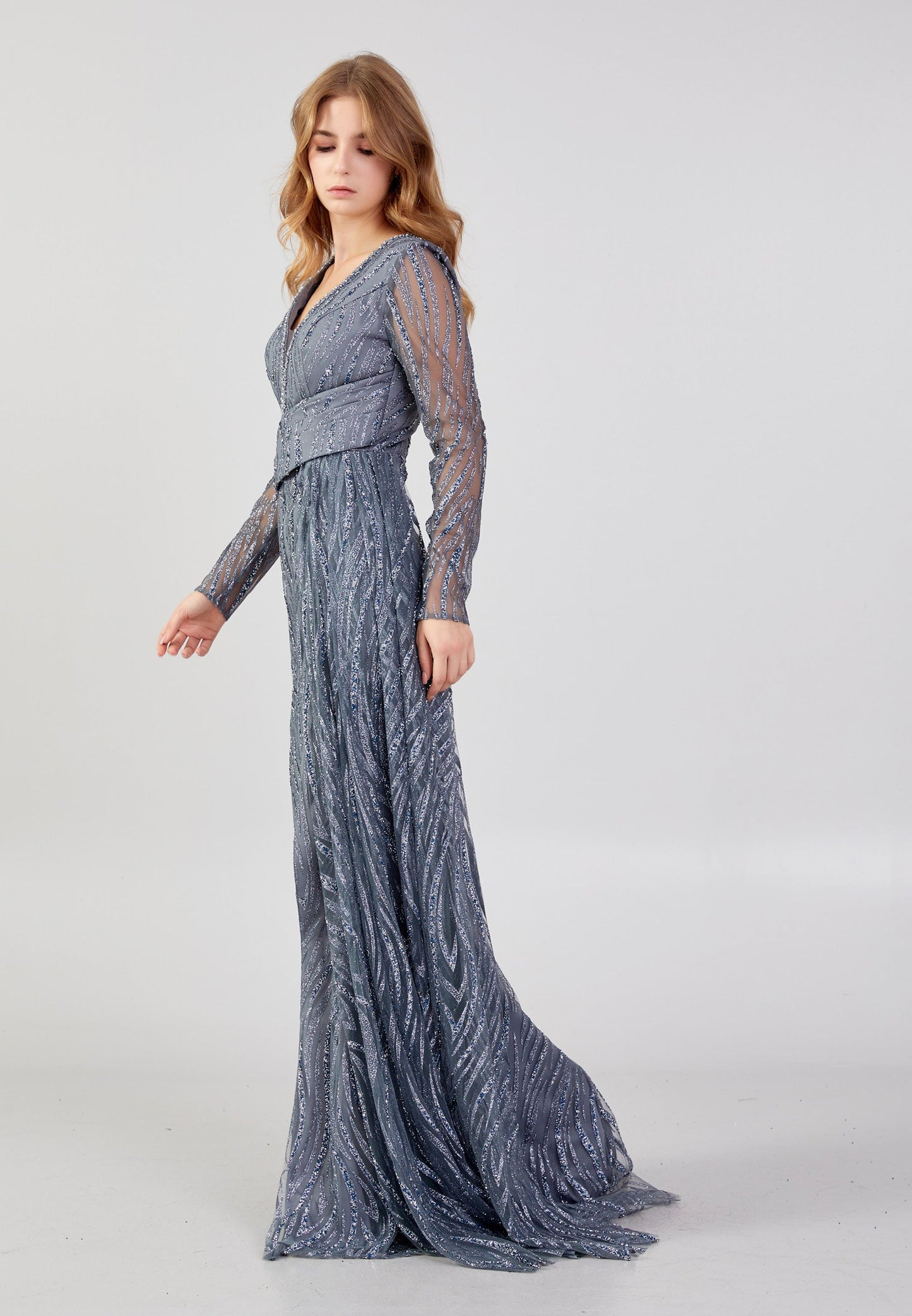 Long Sleeve Maxi Tulle Mermaid Regular Wedding Guest Dress Grey - Unit Price: 60$