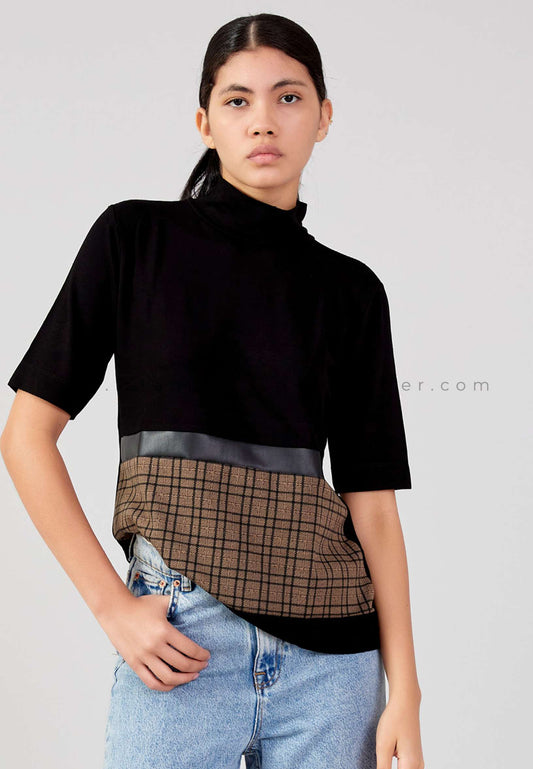 Short Sleeve Plaid Regular Blouse Black-Beige - Unit Price: 14$