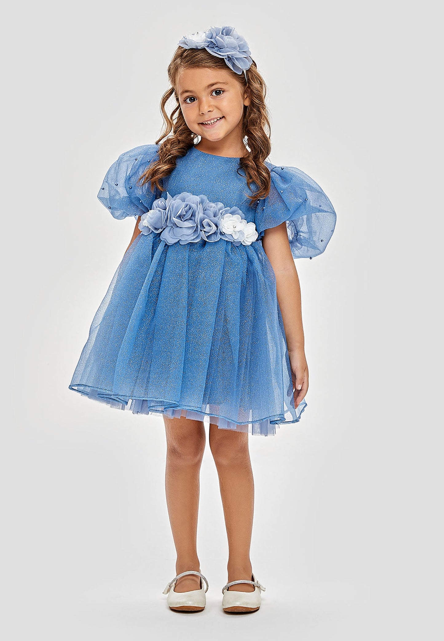 Baby Girl Short Sleeve Tulle Solid Color A - Line 3 - 7 Ages Special Occasion Dress Blue - Unit Price: 28$