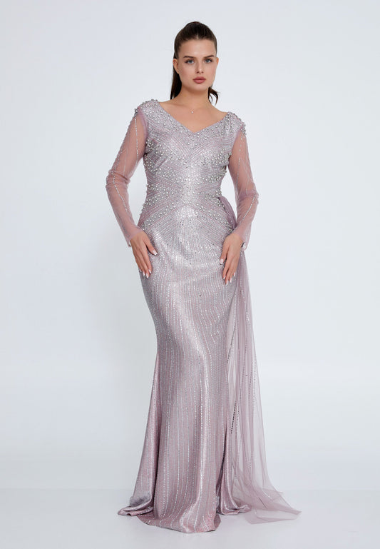 Long Sleeve Maxi Tulle Mermaid Regular Prom Dress Lilac - Unit Price: 145$