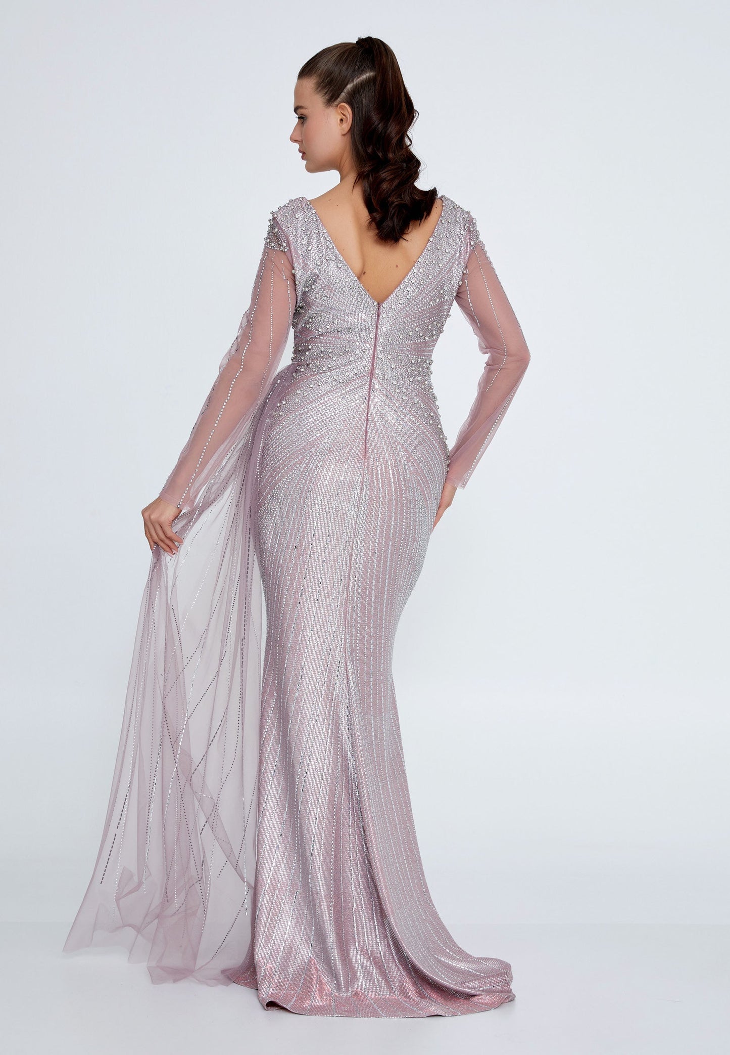 Long Sleeve Maxi Tulle Mermaid Regular Prom Dress Lilac - Unit Price: 145$