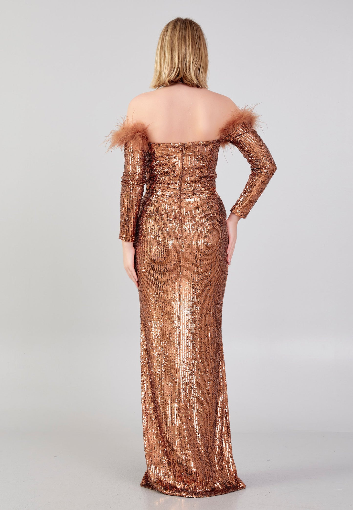 Off Shoulder Maxi Sequin Column Regular Evening Dress Brown - Unit Price: 48$