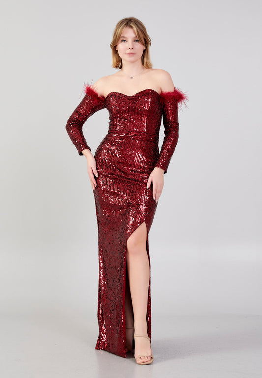 Off Shoulder Maxi Sequin Column Regular Evening Dress Burgundy - Unit Price: 48$