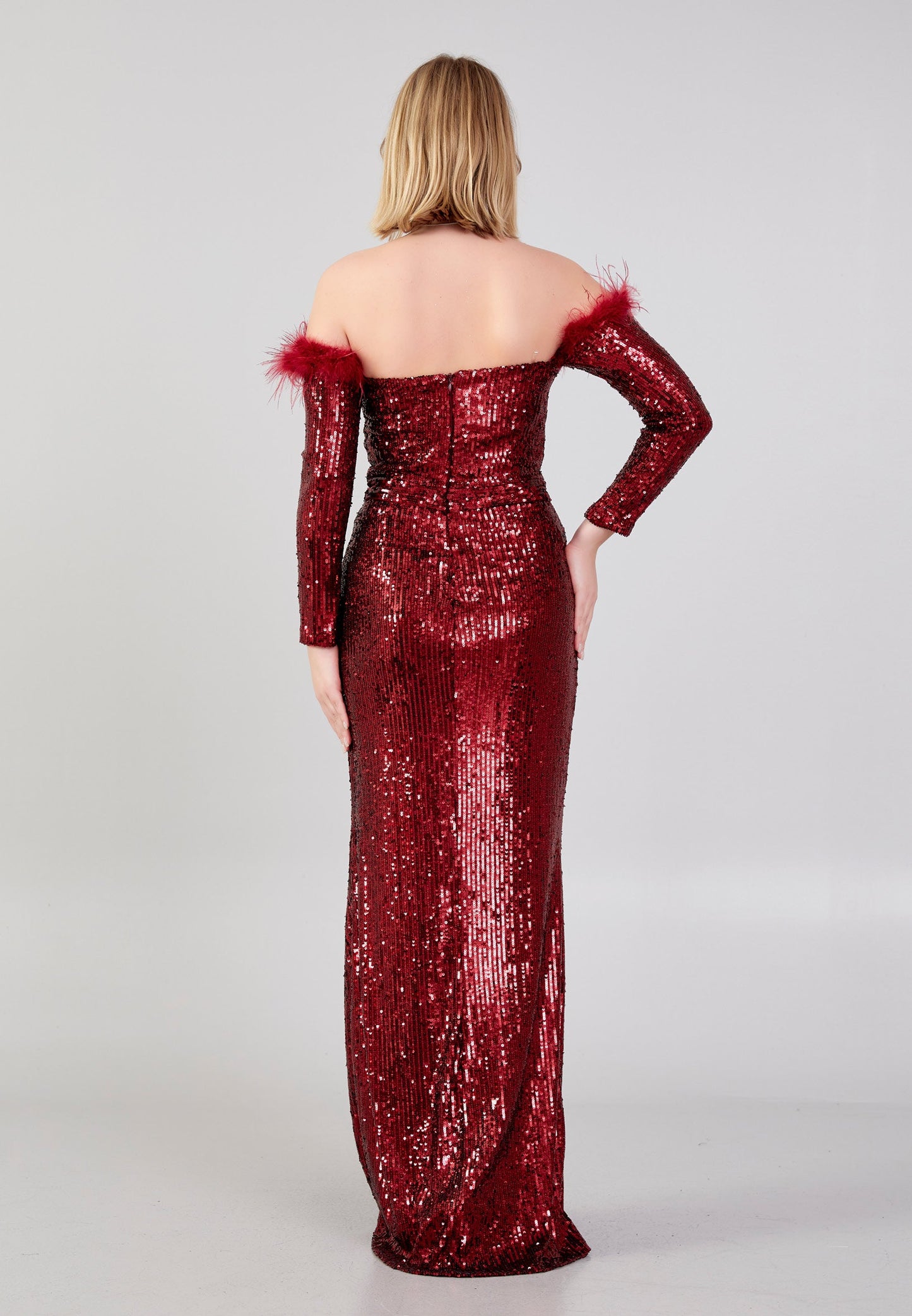 Off Shoulder Maxi Sequin Column Regular Evening Dress Burgundy - Unit Price: 48$