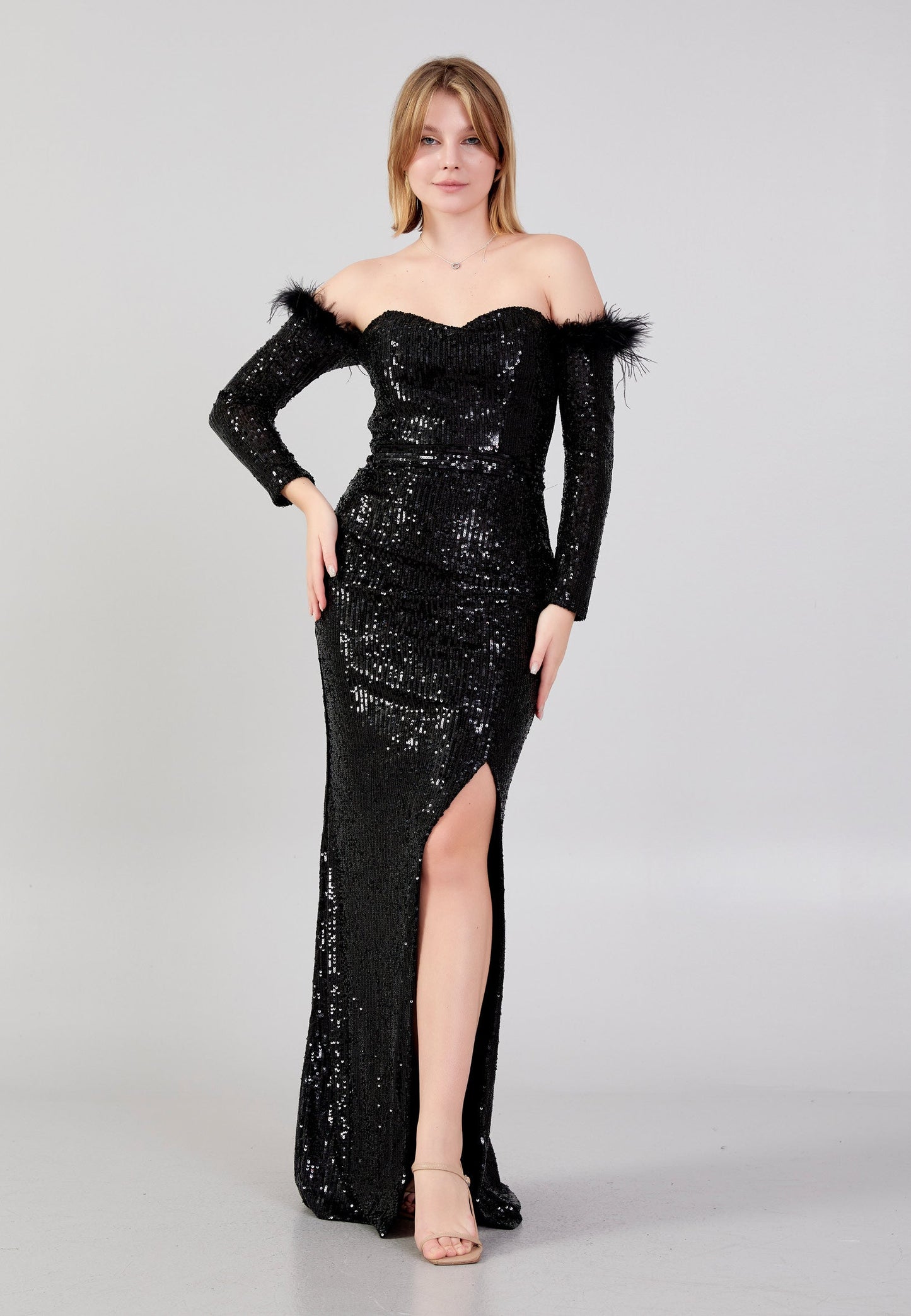 Off Shoulder Maxi Sequin Column Regular Evening Dress Black - Unit Price: 48$