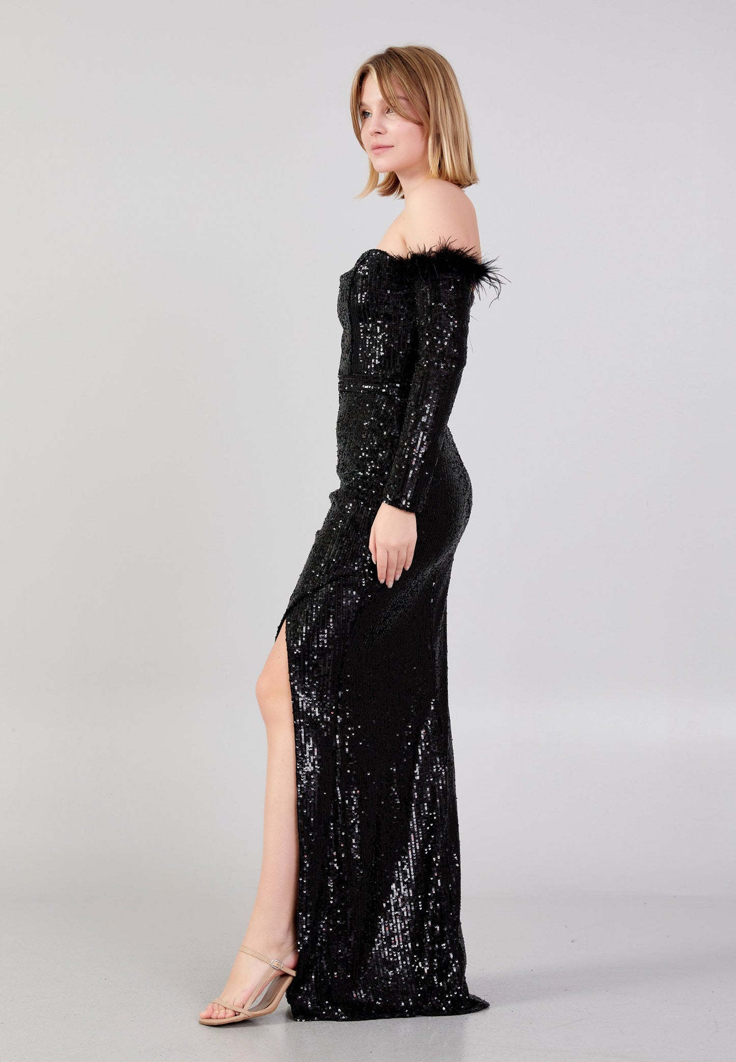 Off Shoulder Maxi Sequin Column Regular Evening Dress Black - Unit Price: 48$