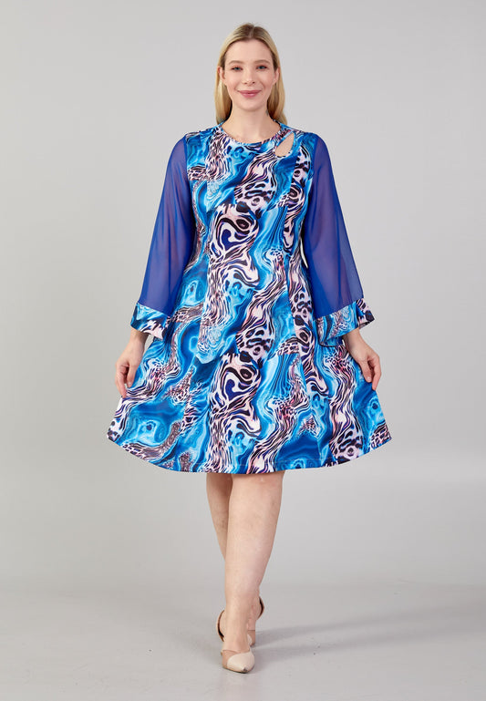 Long Sleeve Midi Polyester Column Plus Size Casual Dress Blue - Unit Price: 25$