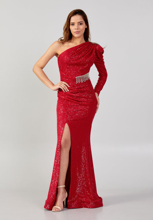 One Shoulder Maxi Sequin Mermaid Regular Prom Dress Burgundy - Unit Price:90$