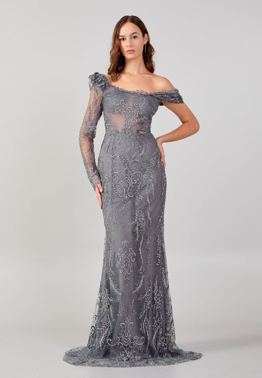 Long Sleeve Maxi Sequin Mermaid Regular Wedding Guest Dress Anthracite - Unit Price: 130$