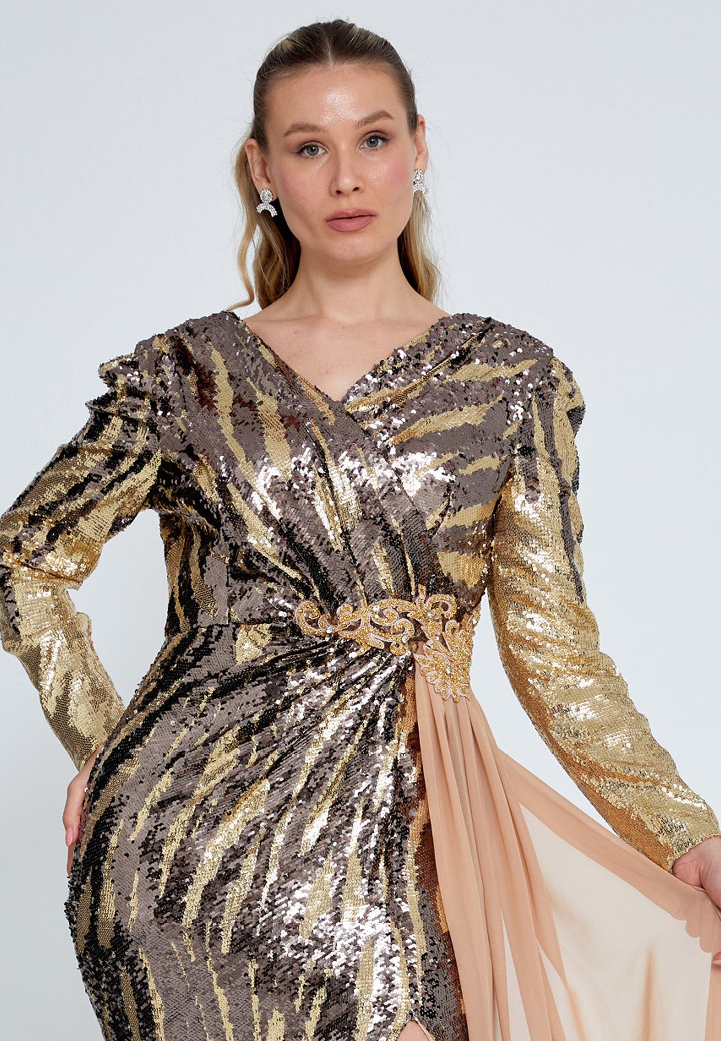 Long Sleeve Maxi Sequin Mermaid Plus Size Wedding Guest Dress Gold-Black - Unit Price: 70$