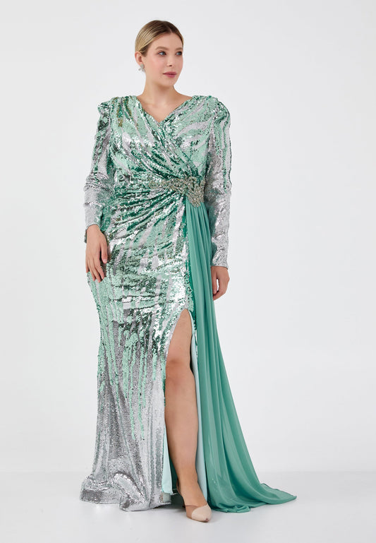 Long Sleeve Maxi Sequin Mermaid Plus Size Wedding Guest Dress Green-Silver - Unit Price: 70$