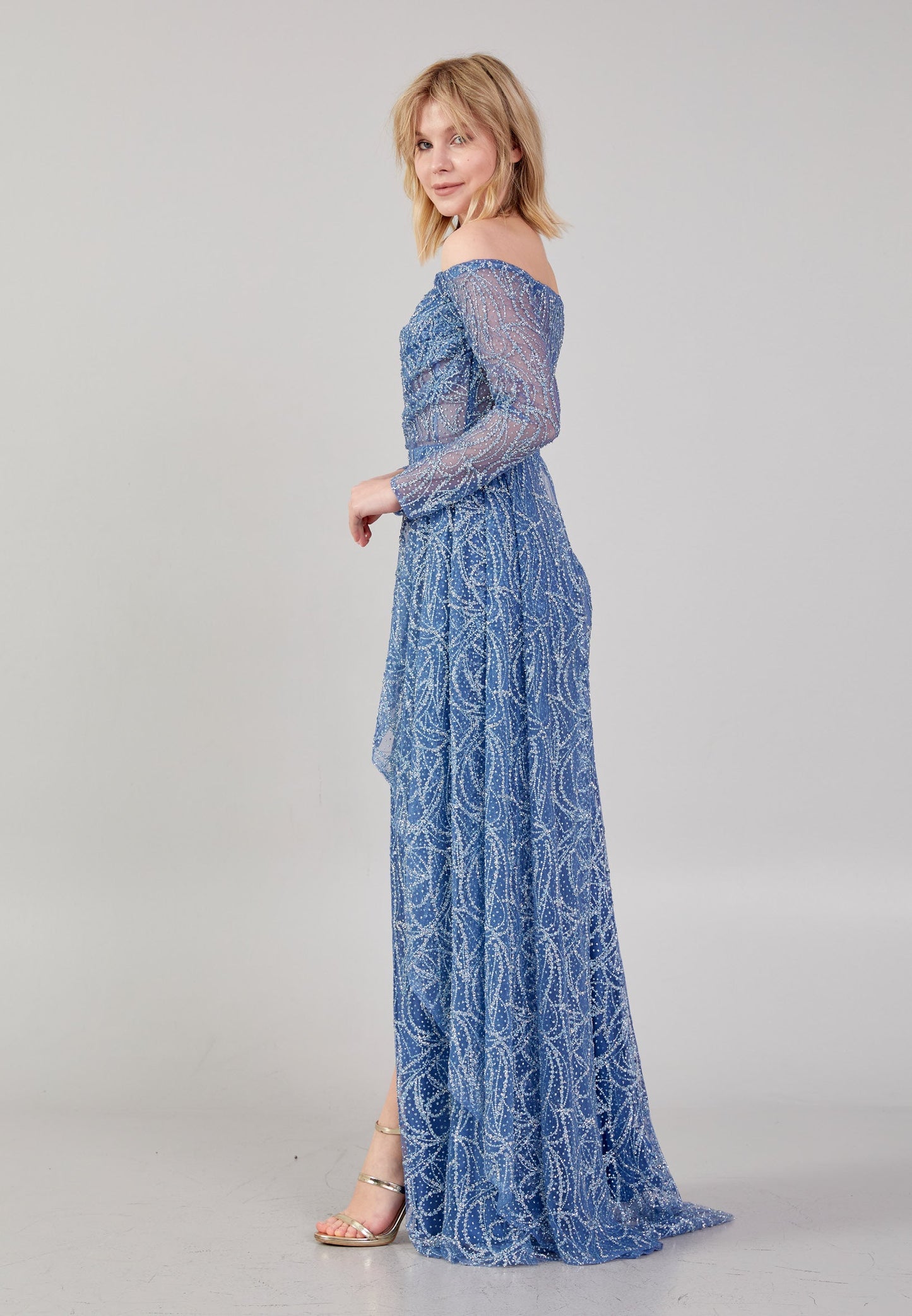 Off Shoulder Maxi Tulle Column Regular Wedding Guest Dress Indigo - Unit Price: 90$