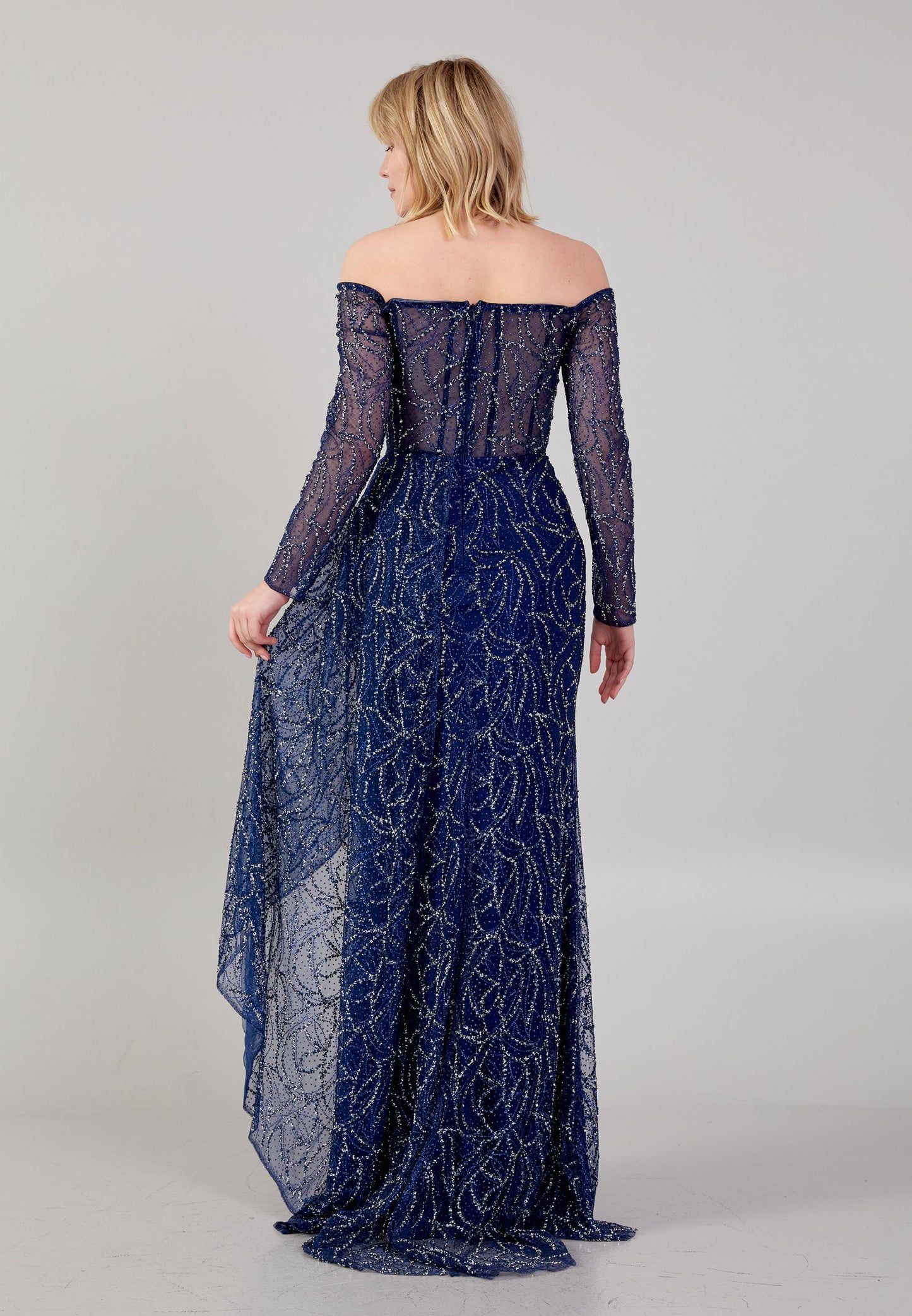 Off Shoulder Maxi Tulle Column Regular Wedding Guest Dress Navy - Unit Price: 90$