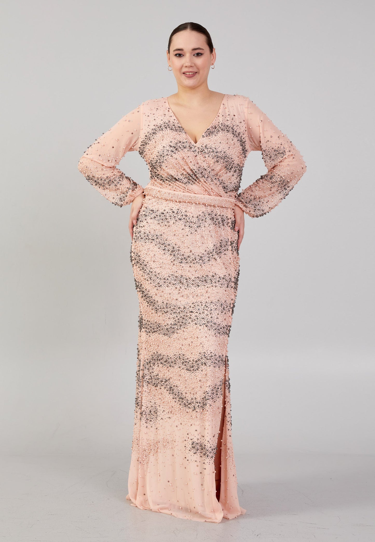 Long Sleeve Maxi Tulle Column Plus Size Evening Dress Pink - Unit Price: 179$