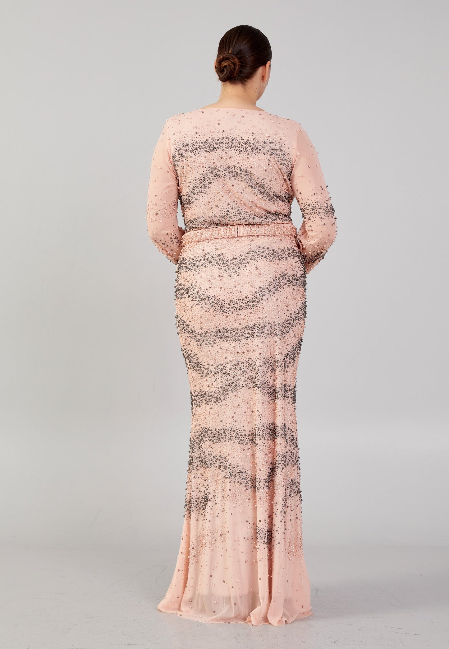 Long Sleeve Maxi Tulle Column Plus Size Evening Dress Pink - Unit Price: 179$