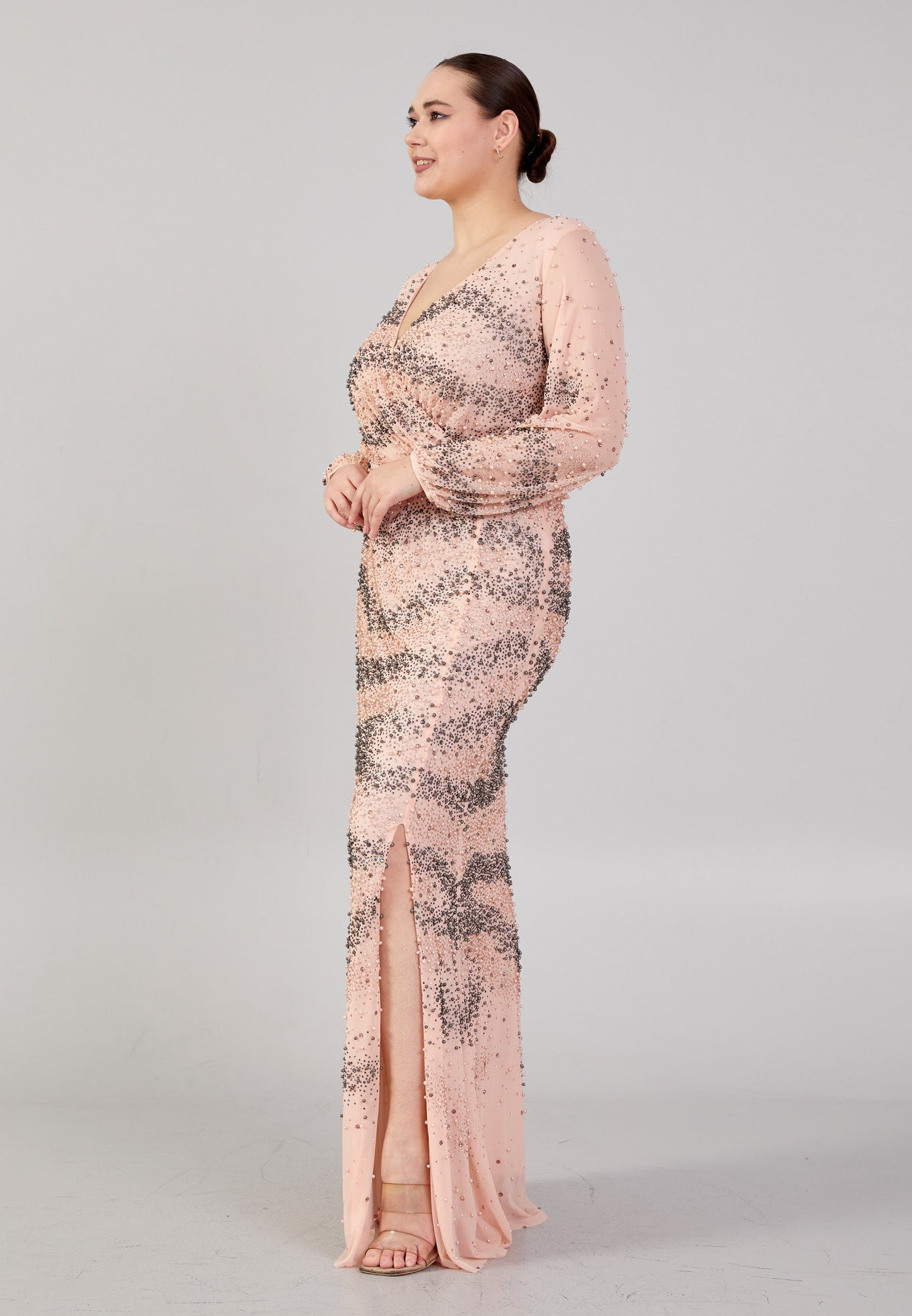 Long Sleeve Maxi Tulle Column Plus Size Evening Dress Pink - Unit Price: 179$