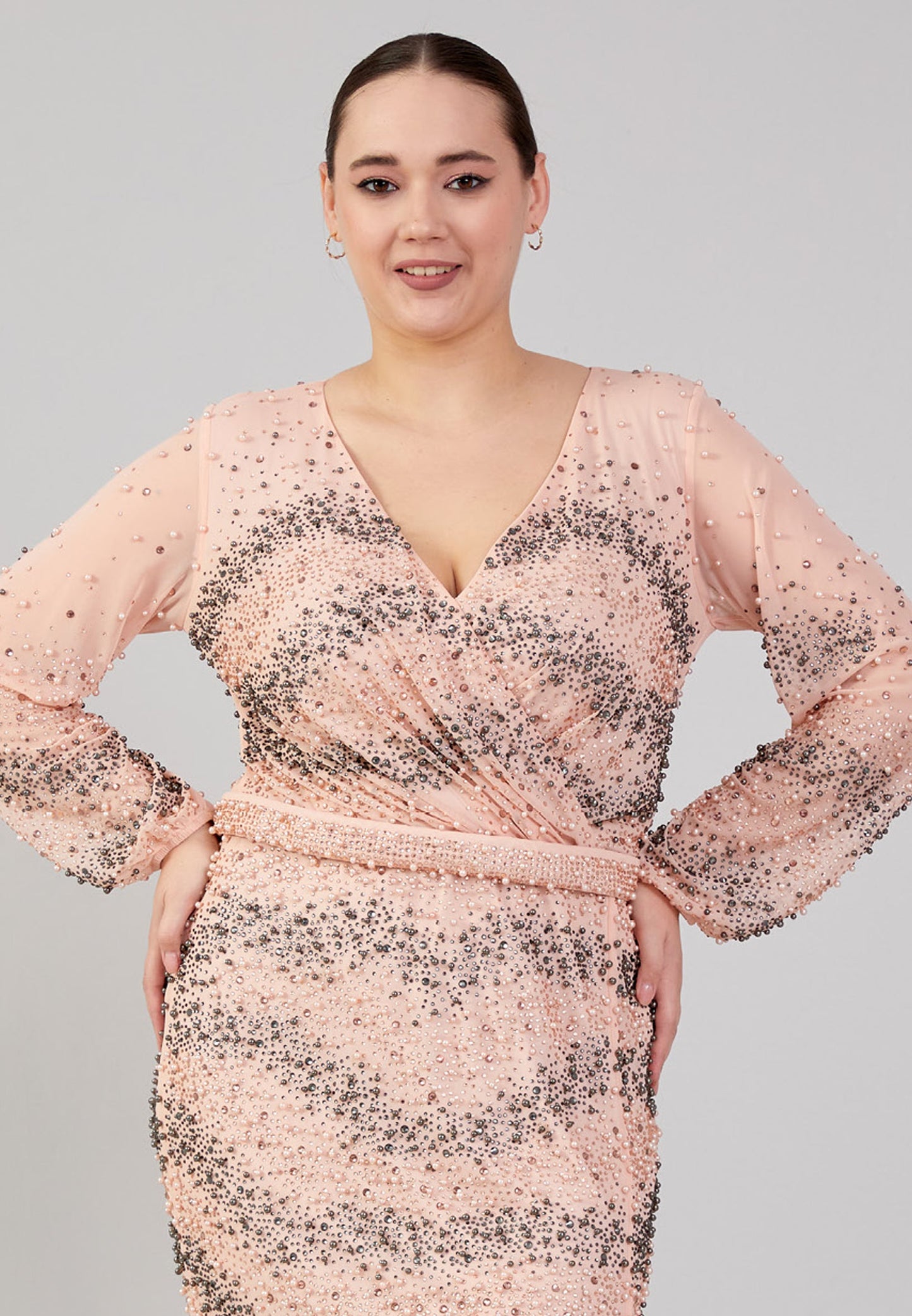 Long Sleeve Maxi Tulle Column Plus Size Evening Dress Pink - Unit Price: 179$