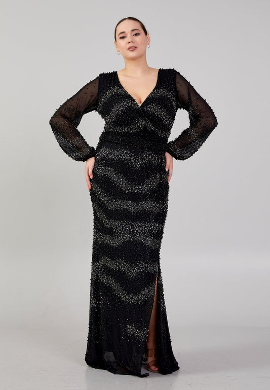 Long Sleeve Maxi Tulle Column Plus Size Evening Dress Black - Unit Price: 179$