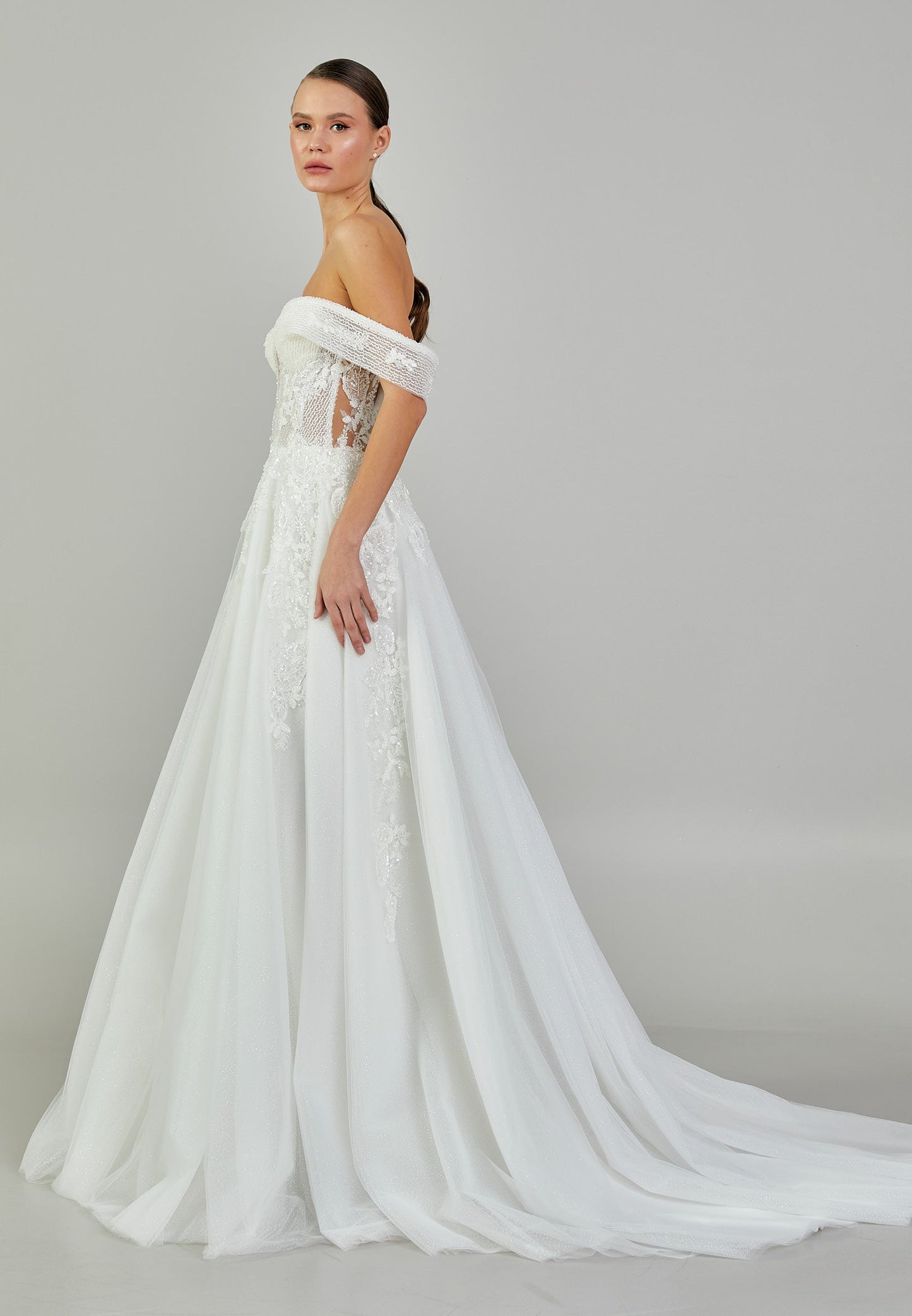 Off Shoulder Maxi Tulle Regular Wedding Dress Ecru - Unit Price: 643$