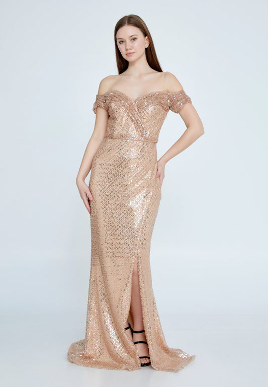 Off Shoulder Maxi Sequin Mermaid Regular Prom Dress Gold - Unit Price: 120$