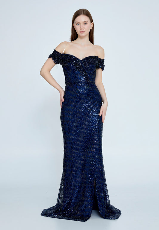 Off Shoulder Maxi Sequin Mermaid Regular Prom Dress Navy - Unit Price: 120$