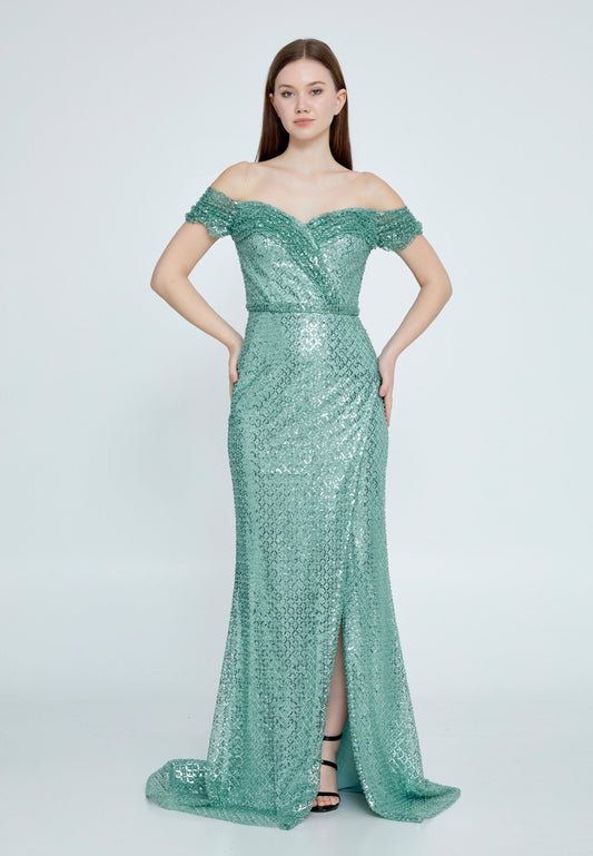 Off Shoulder Maxi Sequin Mermaid Regular Prom Dress Green - Unit Price: 120$