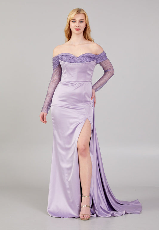 Off Shoulder Maxi Satin Mermaid Regular Wedding Guest Dress Lilac - Unit Price: 125$